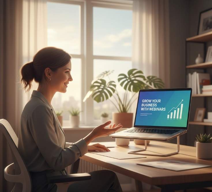 A small business owner confidently presenting a webinar on her laptop in a modern, sunlit office, with a growth-focused presentation on screen.