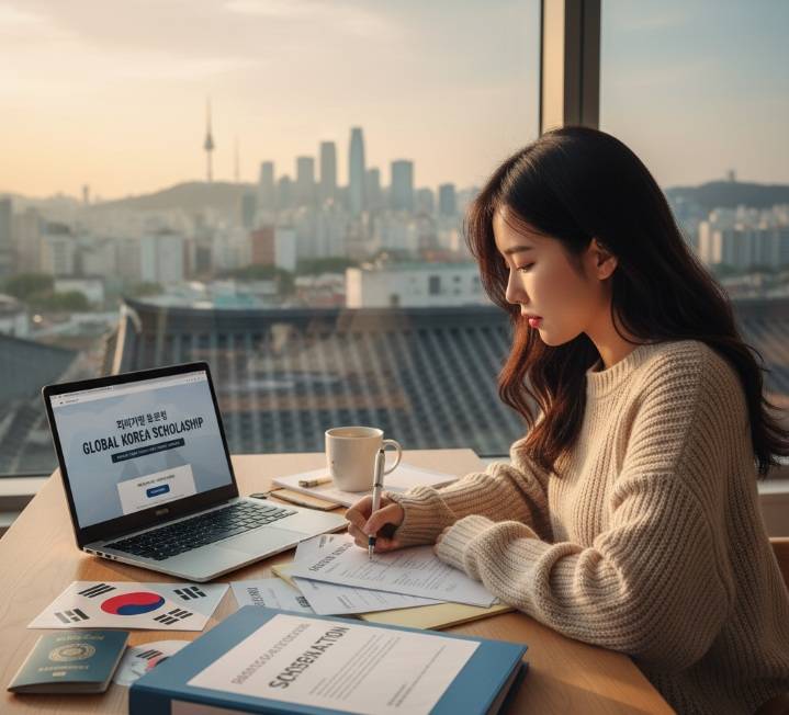 A young, focused Asian woman sits at a desk by a window overlooking the Seoul skyline at sunset, diligently filling out scholarship application forms. A laptop displays the "Global Korea Scholarship" website, and Korean flags, a passport, and organized documents are spread around her.