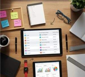 An overhead shot of a wooden desk with a tablet displaying a comparison table of project management tools for freelancers, surrounded by various office supplies like a coffee cup, glasses, and notebooks.