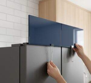 Samsung Bespoke Refrigerator Review: Hands detaching a dark blue glass panel from a Samsung Bespoke refrigerator.