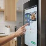 A close-up of a hand tapping on a recipe app displayed on a smart refrigerator's interactive touchscreen.