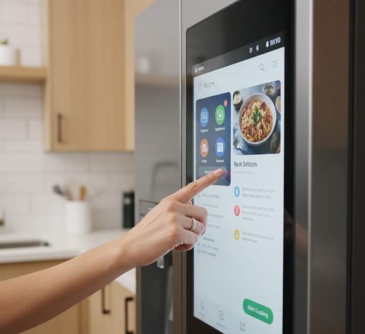 A close-up of a hand tapping on a recipe app displayed on a smart refrigerator's interactive touchscreen.