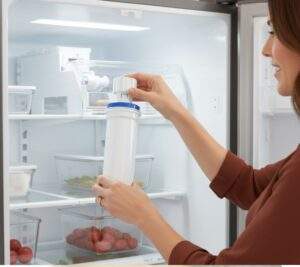 A person's hands demonstrating how to replace the water filter in the upper left compartment of an open LG LFXS26973S refrigerator, showing the filter cartridge clearly.