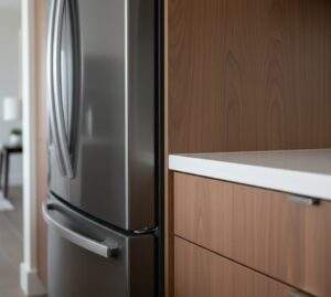 Close-up of LG LRMVC2306S refrigerator flush with modern walnut kitchen cabinets and white countertop, demonstrating counter-depth design.