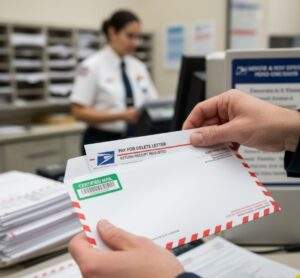 Pay for Delete Letter Template: Hands preparing a certified mail envelope with a "Pay For Delete Letter" inside, at a post office.