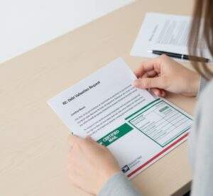 Debt Validation Letter Template: Hands preparing a debt validation letter for certified mail with a green and white envelope.
