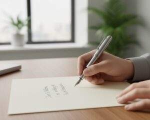 Close-up of hands writing a formal letter with a fountain pen on textured paper, illustrating the act of drafting a goodwill letter.