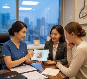 Plastic Surgery in Korea Price List: A female surgeon in blue scrubs explaining a rhinoplasty procedure using a tablet with a 3D nose diagram to a receptive female patient and a clinic coordinator, both looking at the screen in a modern office.