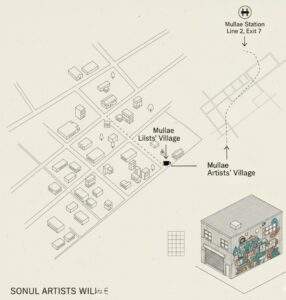 Best Mullae-dong Industrial Cafes: A minimalist map showing directions from Mullae Station to Mullae Artists' Village, with a stylized illustration of the neighborhood's layout and a prominent street art building.