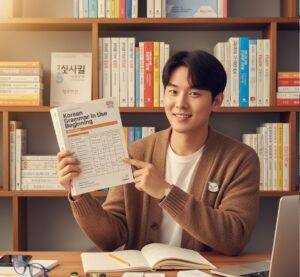 Best Textbooks for Learning Korean for Beginners: A stack of Korean language textbooks on a wooden desk with a pair of blue glasses, a tablet, a coffee mug, and markers. 