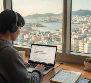 Study in Korea: A student with headphones on, sitting at a desk by a window overlooking a city harbor, uses a laptop displaying the "Yonsei University International Admissions" website. Next to the laptop, a notebook is open to "Korean Language Program" notes.