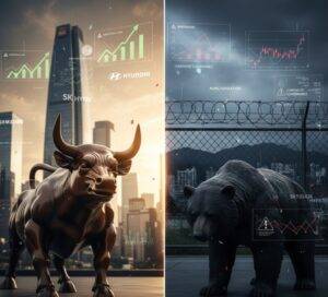 A split image showing a bullish statue with a bright cityscape and green upward graphs representing growth, contrasted with a bearish statue in a grim, industrial setting with red downward graphs, symbolizing investment risks.
