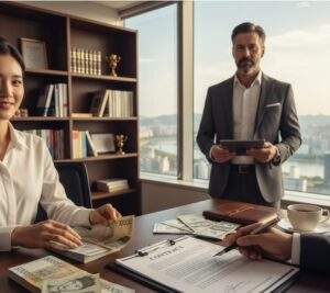 A serious international investor reviews a legal contract on a modern desk with stacks of Korean Won, preparing to sign, with a lawyer standing by.