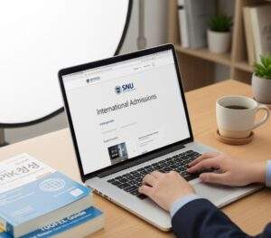 Hands typing on a laptop displaying SNU's International Admissions page, with TOPIK and TOEFL textbooks nearby.