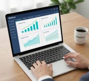 Best Webinar Software: Overhead view of hands typing on a laptop displaying webinar analytics graphs showing positive growth trends.