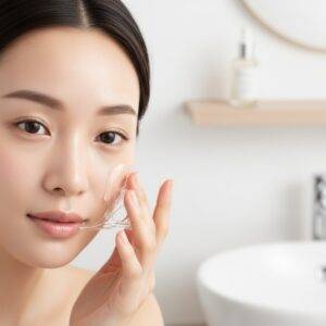 A simple, organized skincare routine laid out on a clean bathroom counter, featuring 5-7 Korean skincare products. The products are arranged in the order of application for a morning or evening routine, emphasizing simplicity and practicality.