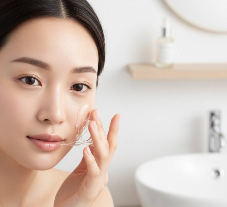 A simple, organized skincare routine laid out on a clean bathroom counter, featuring 5-7 Korean skincare products. The products are arranged in the order of application for a morning or evening routine, emphasizing simplicity and practicality.