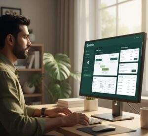 A focused male freelancer works on a desktop computer, his screen showing the clean interface of Bonsai project management software, which includes sections for client projects, proposals, contracts, and invoices.
