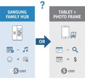 Infographic comparing Samsung Family Hub features and cost with a separate tablet and digital photo frame.