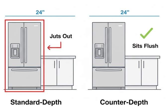Best Counter Depth Refrigerators: An infographic comparing a standard-depth refrigerator that juts out from 24-inch countertops with a counter-depth refrigerator that sits flush.