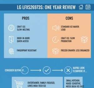 An infographic summarizing the pros and cons of the LG LFXS26973S refrigerator, including points like slow-melting Craft Ice, Door-in-Door, fingerprint resistance, loud standard ice maker, slow Craft Ice production, and less organized freezer drawer. It also features a "Consider Buying If..." and "Maybe Look Elsewhere If..." flowchart.