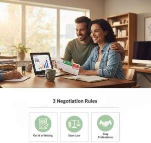 An infographic showing three negotiation rules: "Get it in Writing," "Start Low," and "Stay Professional."