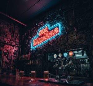 The interior of Old Mullae pub, featuring a vibrant blue and red neon sign against a wall decorated with countless industrial gears and metal parts. Three beer mugs sit on a polished wooden bar counter with beer taps.