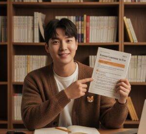 A smiling person holding up a Korean textbook, pointing to it, with a desk full of study materials and a bookshelf behind them. 