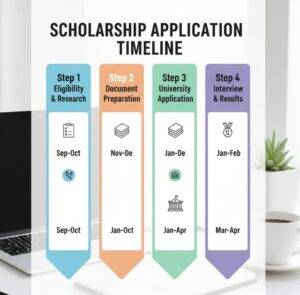 A clean, infographic-style timeline titled "Scholarship Application Timeline" illustrating four steps: "Step 1 Eligibility & Research" (Sep-Oct), "Step 2 Document Preparation" (Nov-De), "Step 3 University Application" (Jan-De), and "Step 4 Interview & Results" (Jan-Feb). Each step has corresponding icons and monthly ranges.