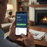 A person's hands holding a smartphone displaying a trading app interface, showing the iShares MSCI South Korea ETF (EWY) with Samsung Electronics listed as a top holding, in a cozy living room setting.