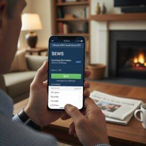 A person's hands holding a smartphone displaying a trading app interface, showing the iShares MSCI South Korea ETF (EWY) with Samsung Electronics listed as a top holding, in a cozy living room setting.