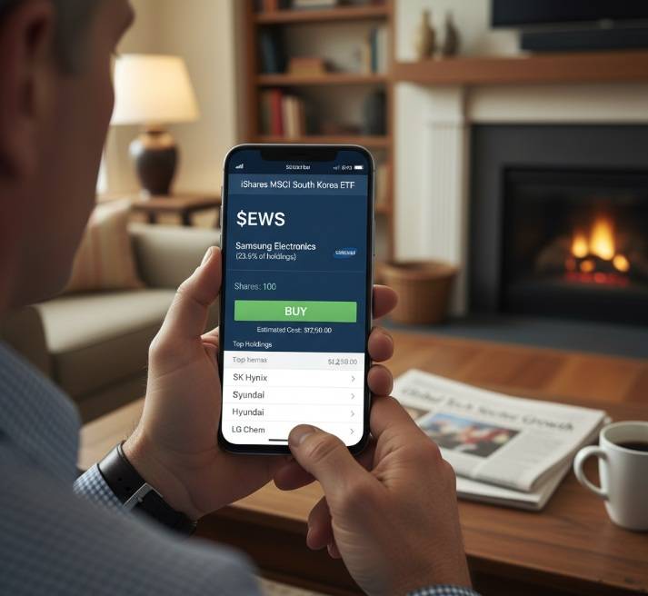 A person's hands holding a smartphone displaying a trading app interface, showing the iShares MSCI South Korea ETF (EWY) with Samsung Electronics listed as a top holding, in a cozy living room setting.