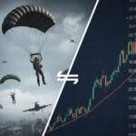 Split image showing PUBG parachutists on one side and Krafton stock chart on the other.