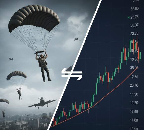 Split image showing PUBG parachutists on one side and Krafton stock chart on the other.