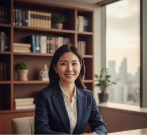 A friendly, professional English-speaking female lawyer smiling from a modern Seoul office, ready to assist investors.
