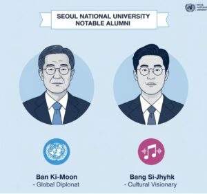 Infographic of SNU notable alumni: Ban Ki-moon with UN logo and Bang Si-hyuk with music note icon.