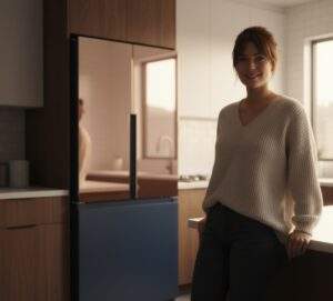A smiling woman leaning on a kitchen counter, with a Samsung Bespoke refrigerator in the background.