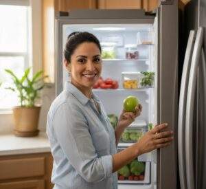 A smiling homeowner makes eye contact with the camera while holding a green apple, standing in front of her well-organized, open counter-depth refrigerator.