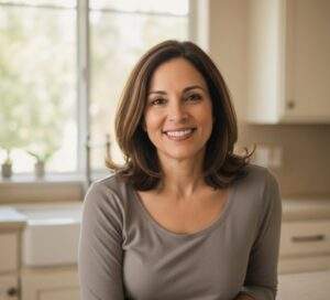 Smart Refrigerator Worth: Unpacking the Hype vs. Reality:  A smiling homeowner in her 40s, making eye contact with the camera in a comfortable kitchen setting, conveying confidence in an informed decision.