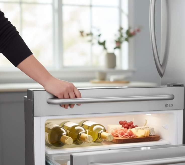 A hand opening the LG LRMVC2306S Full-Convert™ Drawer, revealing chilled white wine bottles and a charcuterie board.