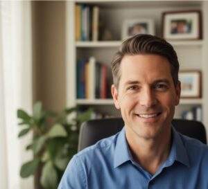 A confident man in his 40s smiling directly at the camera in a home office setting.