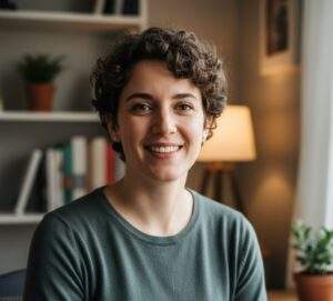 A friendly, smiling person with short curly hair looking confidently at the camera in a home office setting.