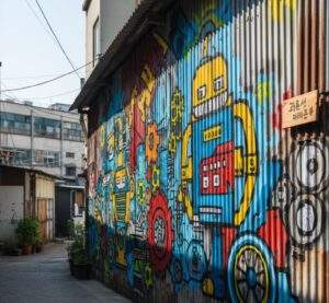 A colorful, detailed robot-themed mural painted on a corrugated steel factory wall in a Mullae-dong alley, with old buildings and wires in the background under clear daylight.