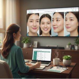 A young woman at her desk, looking at a large screen displaying "before and after" plastic surgery photos, while simultaneously reviewing a spreadsheet of clinic prices on her laptop and taking notes.