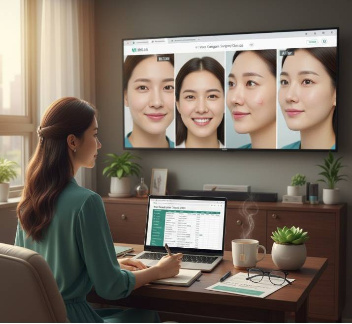 A young woman at her desk, looking at a large screen displaying "before and after" plastic surgery photos, while simultaneously reviewing a spreadsheet of clinic prices on her laptop and taking notes.