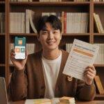 A smiling young man holding a Korean textbook in one hand and a smartphone displaying a language learning app (Anki) in the other, advocating for integrated learning.