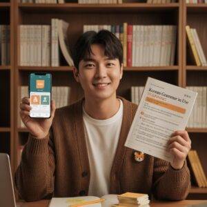 A smiling young man holding a Korean textbook in one hand and a smartphone displaying a language learning app (Anki) in the other, advocating for integrated learning.