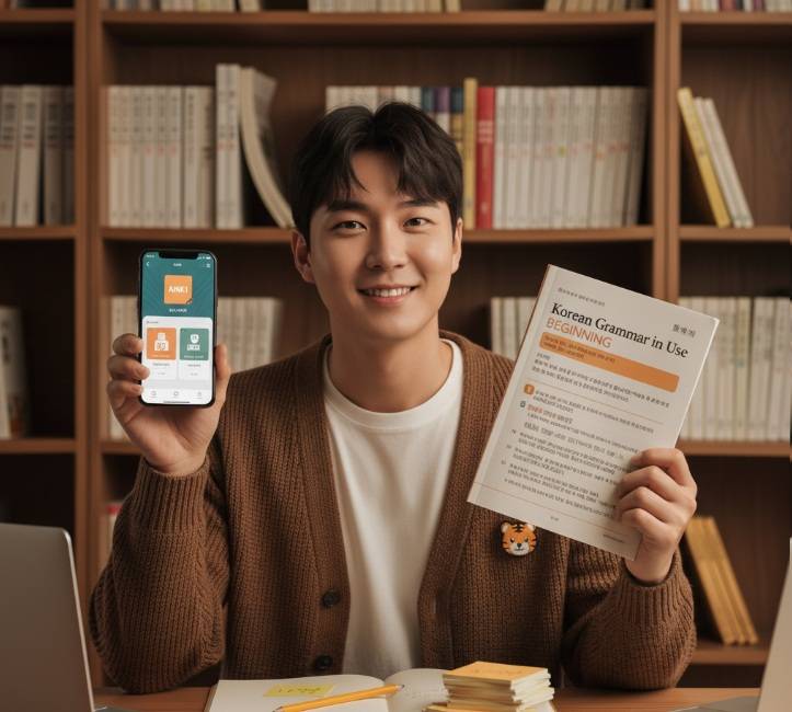 A smiling young man holding a Korean textbook in one hand and a smartphone displaying a language learning app (Anki) in the other, advocating for integrated learning.