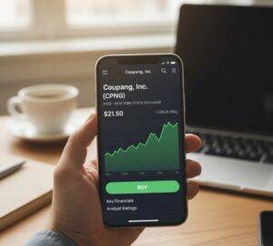Investing in South Korea for Americans: A person's hands holding a smartphone displaying a trading app interface, showing the iShares MSCI South Korea ETF (EWY) with Samsung Electronics listed as a top holding, in a cozy living room setting.
