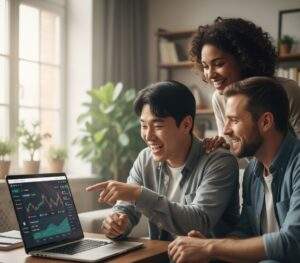 Diverse group of three friends happily looking at a stock portfolio on a laptop.